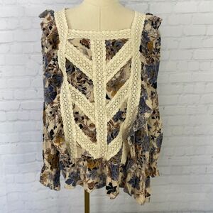 Entro Boho Floral Lace Appliqué Ruffle Blouse Size Large Cottagecore Romantic